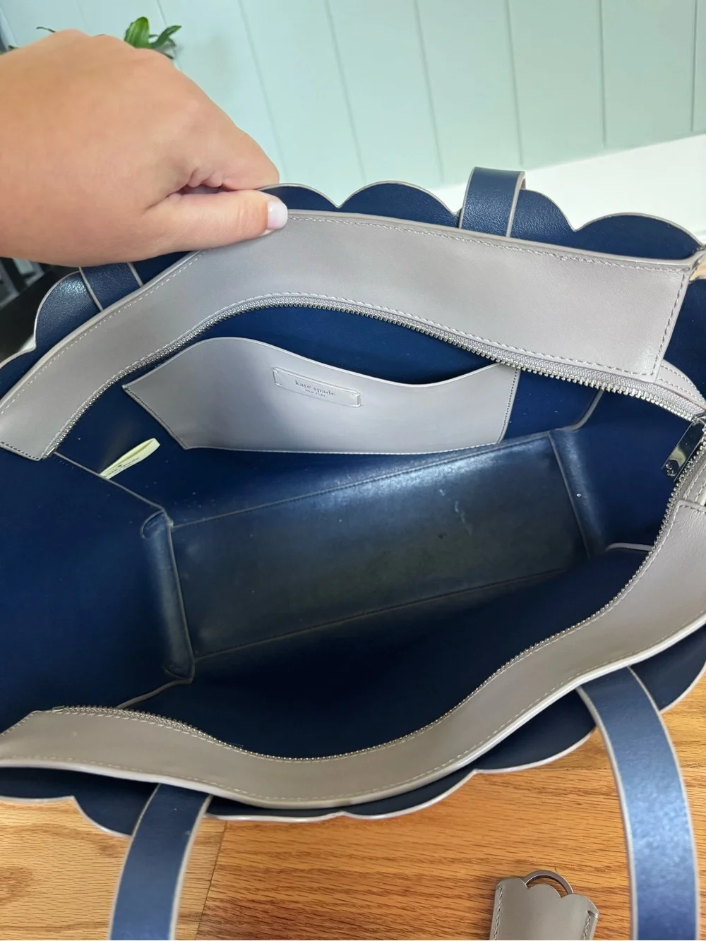 kate spade Scallop-Top Tote in Light Taupe with Navy Straps